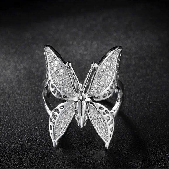 Silver Butterfly Ring Cubic Zirconia Adjustable - Picture 2 of 5